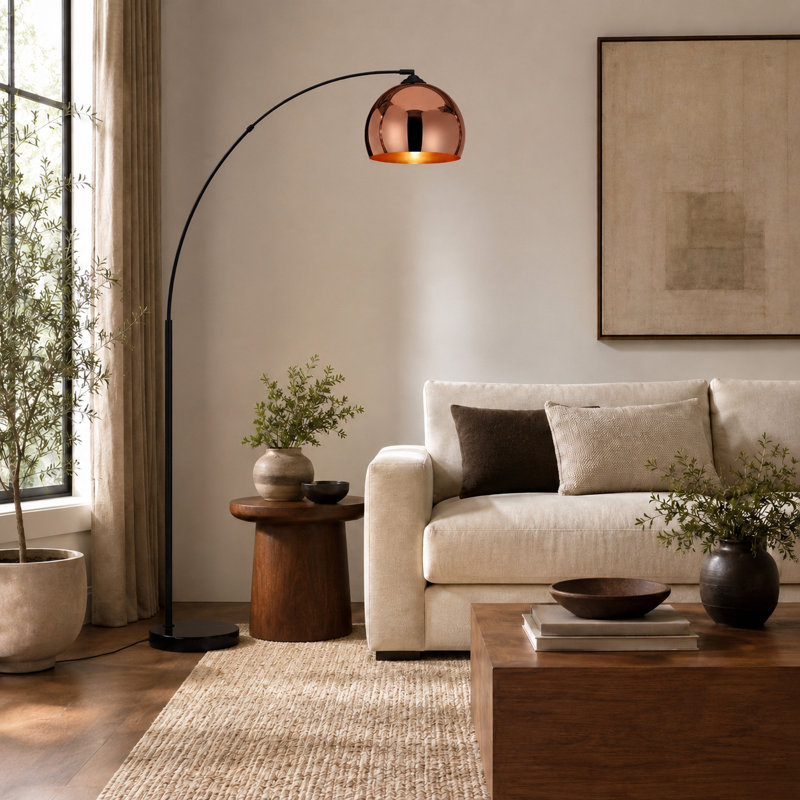 Modern 67" Arc Floor Lamp with Curved Metal Shade, Weighted Marble Base & Foot Switch for Living Room or Bedroom, Copper