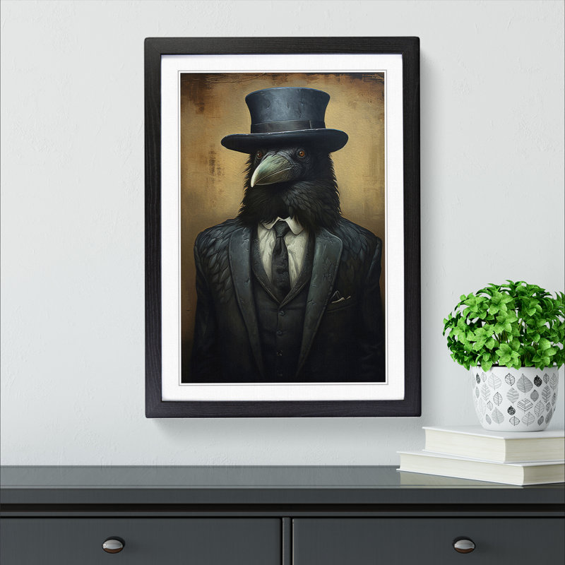 Crow In A Suit - Single Picture Frame Print on Wood, 64cm H x 46cm W x 2cm D, Black