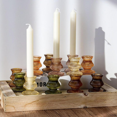 Glass Candlestick Holders 12PCS Taper Candle Holders For Table Centerpiece Vintage Colorful Candle Sticks For Wedding Party And Birthday Table Decoration