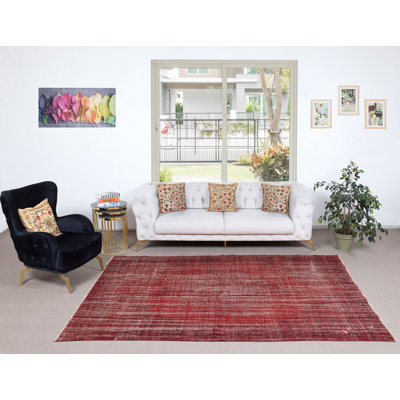 Tapis turc rétro en laine noué à la main de 6,2 x 9,5 pi de couleur rouge pour des intérieurs modernes