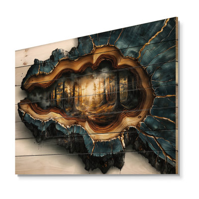 Forest In Blue Wood Slide Fusion - Forest Wood Print - On Natural Pine Wood
