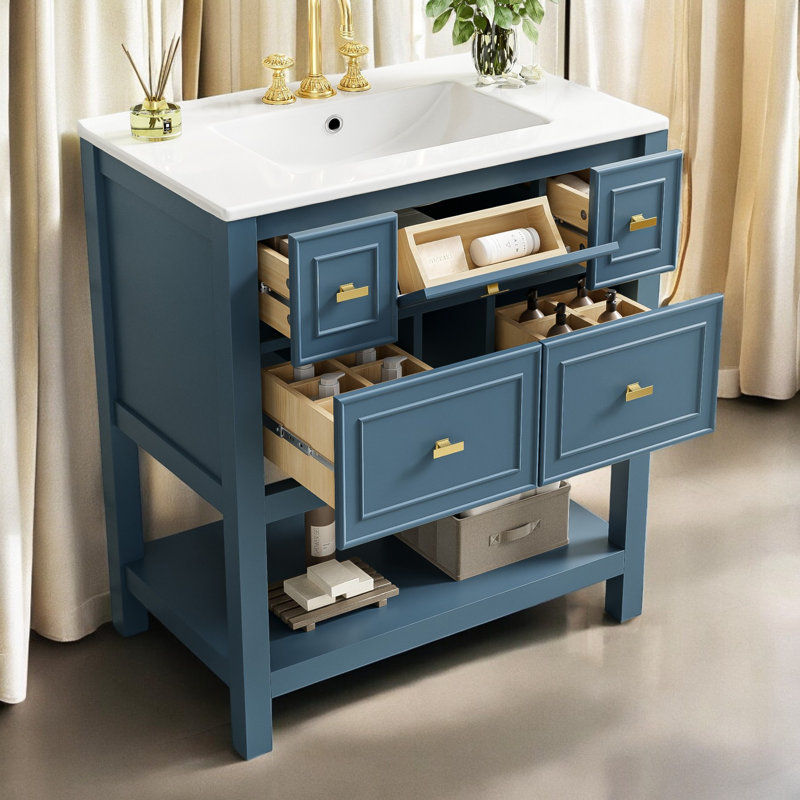 Meuble-lavabo simple autoportant de 30 po avec plateau en céramique, assemblage requis, Bleu