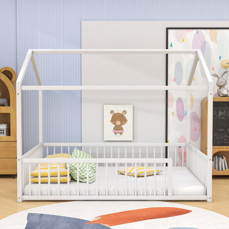 Structure de lit en métal avec clôture Montessori, Complète, Blanc