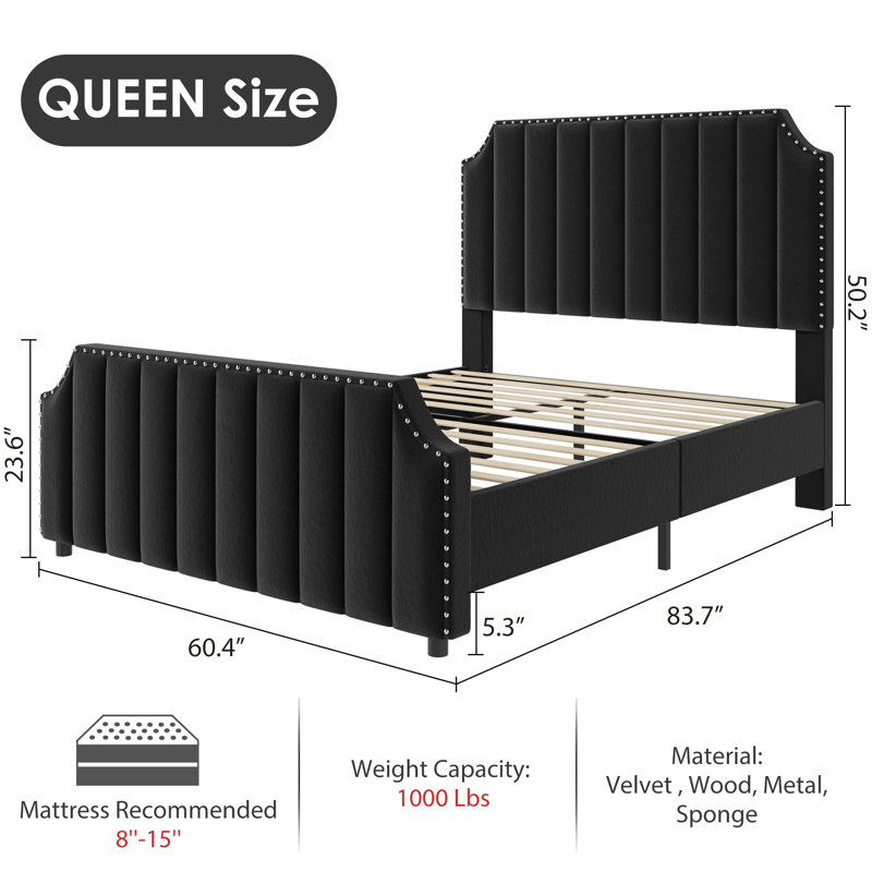 Platform Bed Frame With 50.2" Headboard, Velvet Upholstered Bed Frame, Queen, Black