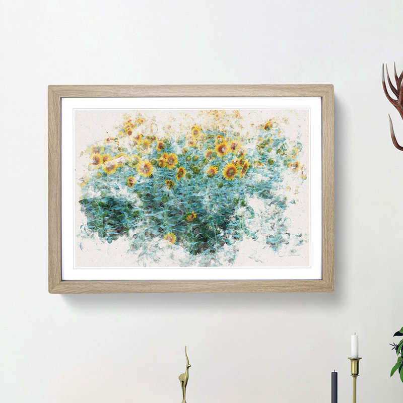 Sunflowers Soon To Bloom Watercolour - Single Picture Frame Print on MDF, Oak Framed, 45cm H x 63cm W x 2cm D