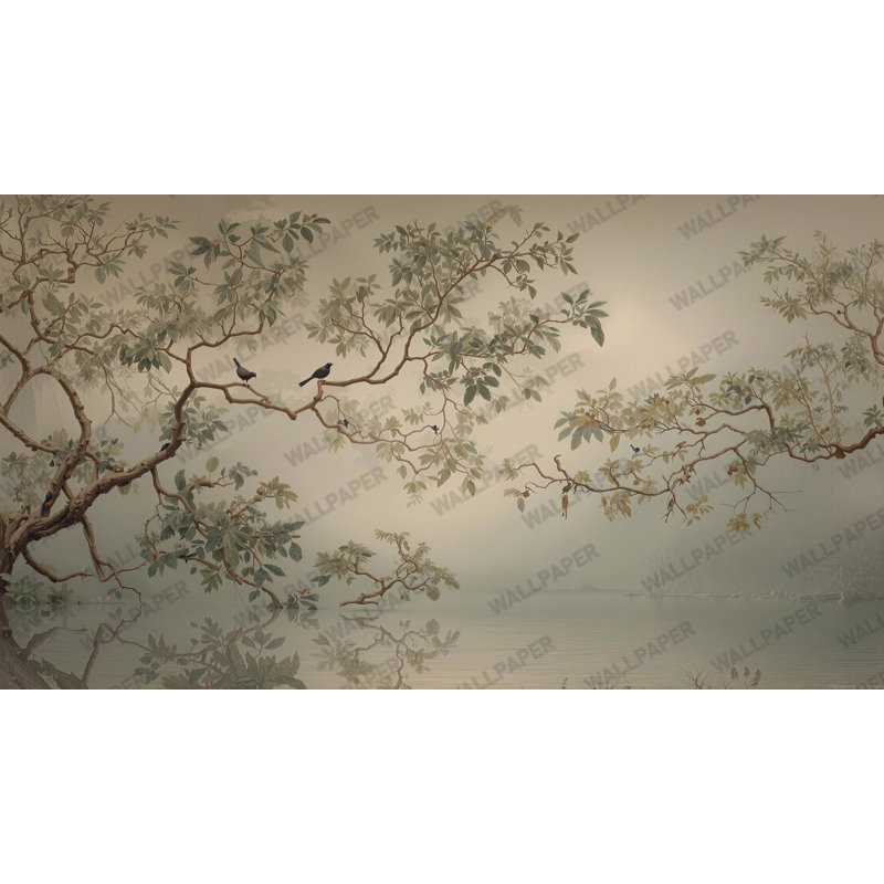 Murale oiseaux et branches Chinoiserie | Papier peint adhésif Misty Lake | Décoration murale de salon amovible, Non tissé