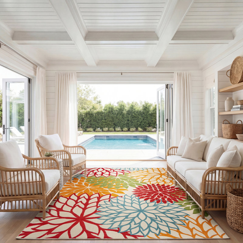 Miraloma Floral Green/Red/Orange Indoor / Outdoor Area Rug, Rectangle 9' x 12'
