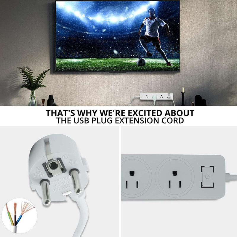 WBM Smart Extension Cord Socket 5.9 ft 10 A, Power Strip with 2 USB Ports and 1 Type C Plug