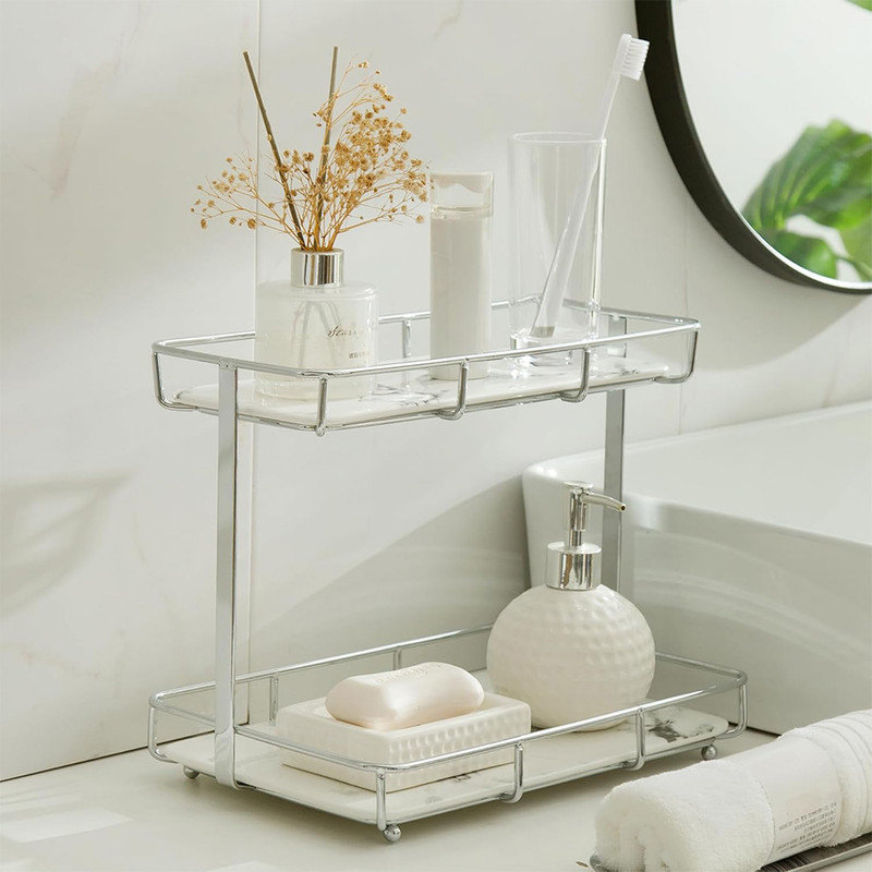 Élégant plateau de beauté à 2 niveaux - Cosmétiques modernes et rangement pour le comptoir de salle de bain - Présentoir de beauté professionnel antidérapant et organisateur de parfum (argent)