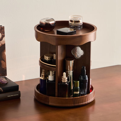 360° Rotating Makeup Organizer, Round Wooden Cosmetic and Skincare Storage, Walnut Finish Vanity Carousel