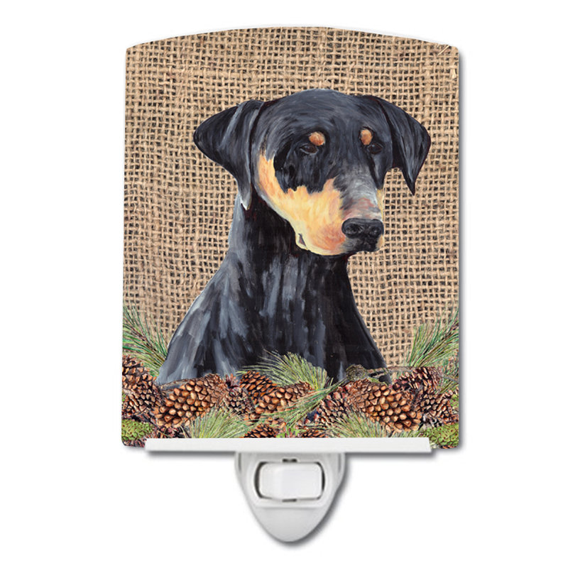 Éclairage de nuit en céramique à carreaux de pin et en toile jute doberman