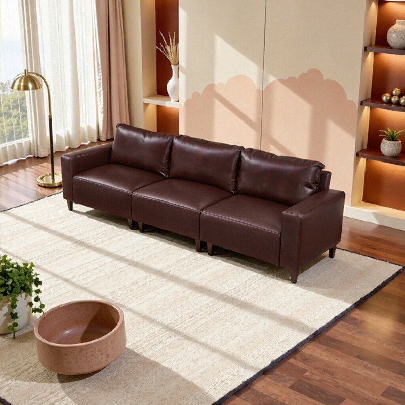 112" Luxury Burgundy PU Leather Sofa - 3-Seater Modern Living Room Couch with Wooden Legs, Breathable & Comfortable, Burgundy