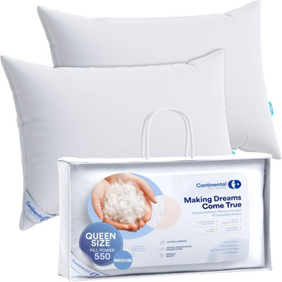 Paquet de 2 oreillers en duvet moelleux Continental, 550 pf, 75% duvet 25% plumes, housse en coton 400TC