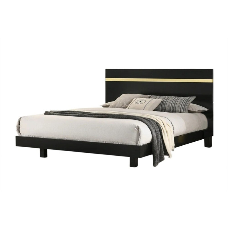 Lit très grand Yoki avec DEL DEL, bordure dorée en acrylique et cadre noir, Noir / doré, Grand