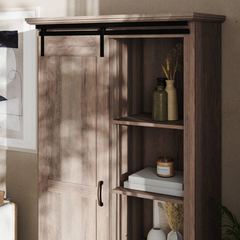 Rustic Farmhouse Storage Cabinet Bookcase with Sliding Barn Door and Adjustable Shelves, Graywash