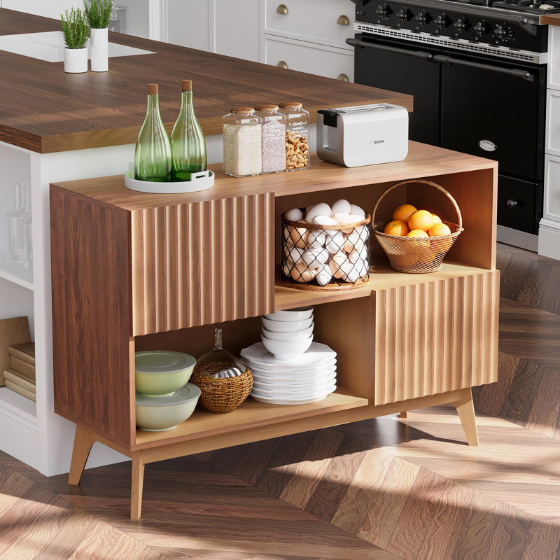 100cm Sideboard Storage Cabinet, 2 Door Wooden Buffet with Ribbed Texture, Walnut