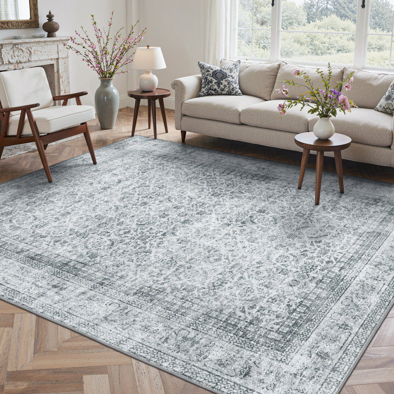 Oriental  Machine Washable Performance Gray Indoor Area Rug with Non-Slip Backing, Rectangle 6' x 9'