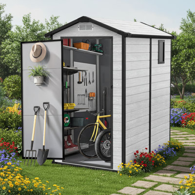 Remise de rangement d'extérieur en résine GVDV 4,2 x 5,7 pi, remise à outils de jardin de 150 pieds cubes et remise en plastique avec plancher, remise de jardin de 7 pi pour tondeuse à gazon avec fenêtre latérale, gris