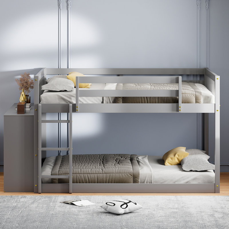 Lit superposé double avec teinte grise et rangement fonctionnel, 4 tiroirs et 3 tablettes, bois massif pour les options de rangement dans la chambre à coucher, surdimensionné, cadre A