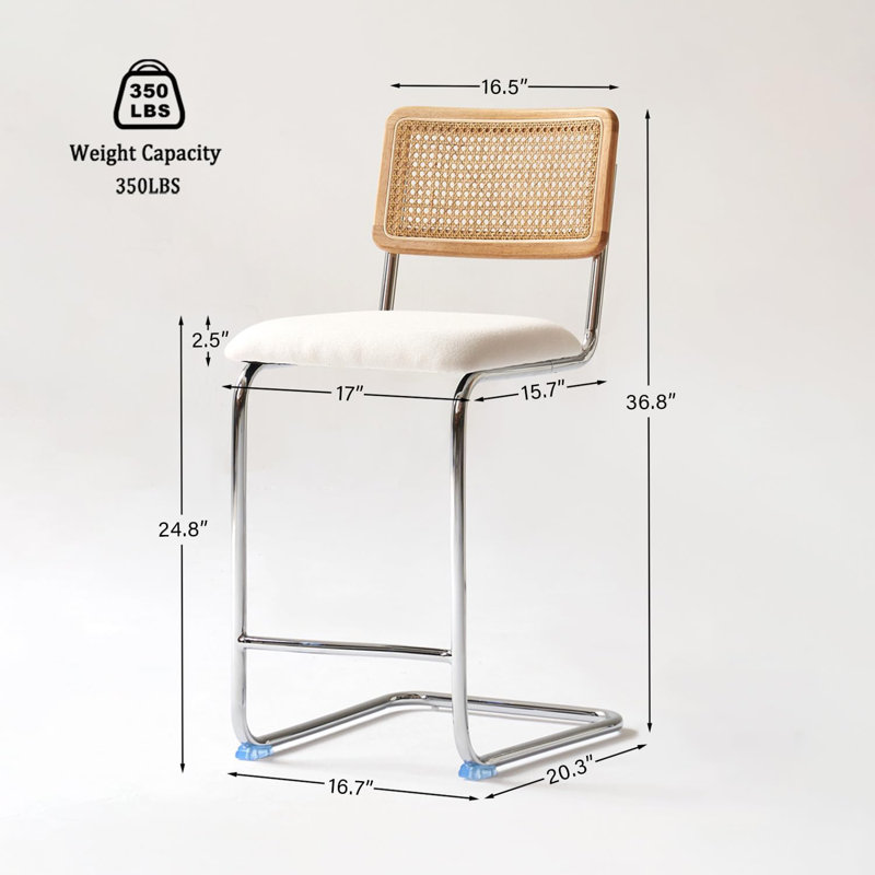 Natural Rattan and Solid Wood Counter Height Stools with White Upholstery and Chrome Metal Legs