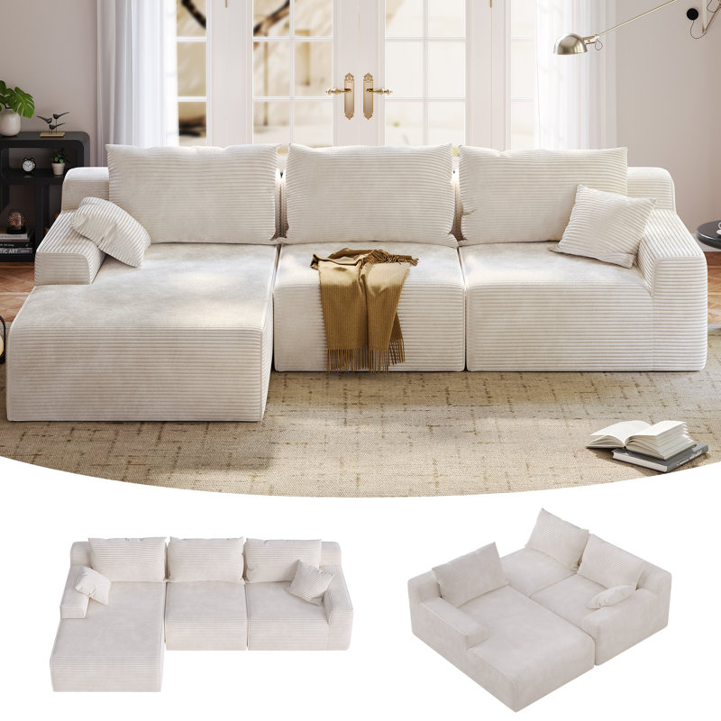 Boneless 97" L L-Shaped Boneless Sofa with Chaise Lounge, Tool-Free Setup, Modular Sectional Couch with Ottoman & Pillow for Living Room, Bedroom, Upholstered Corduroy/Checkered Couch