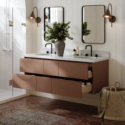  Ensemble de meuble-lavabo mural ovale double avec comptoir en marbre blanc de Carrare de 61 po Ensuko