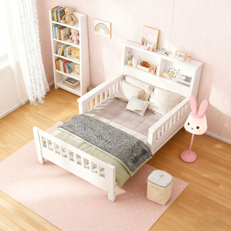 Lit plateforme de haute qualité avec tête de lit simple et rangement, Blanc