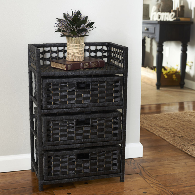 Commode tissée 3 tiroirs avec poignées découpées et corde de papier teintée noire, Noir