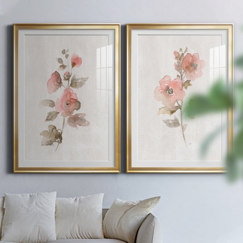 «Blush Sweetly I», ensemble de 2 reproductions d'art, H 26,5 po x l 73 po x P 1,5 po, Blanc, Papier encadré doré