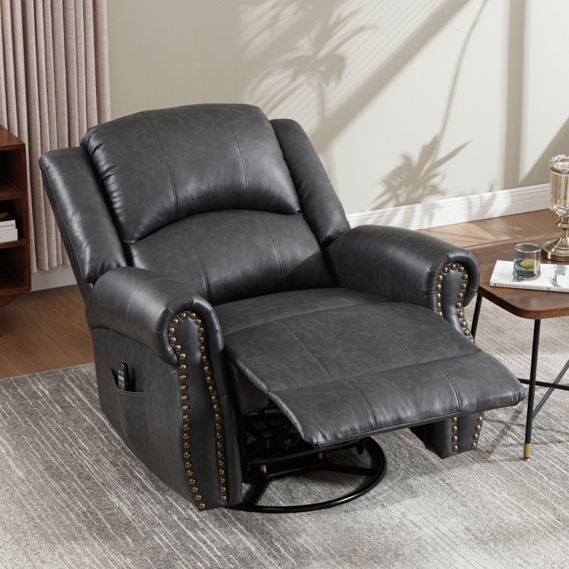37.7" W Faux Leather Swivel Rocker Recliner With Heated Massage, Vintage Style, Gray