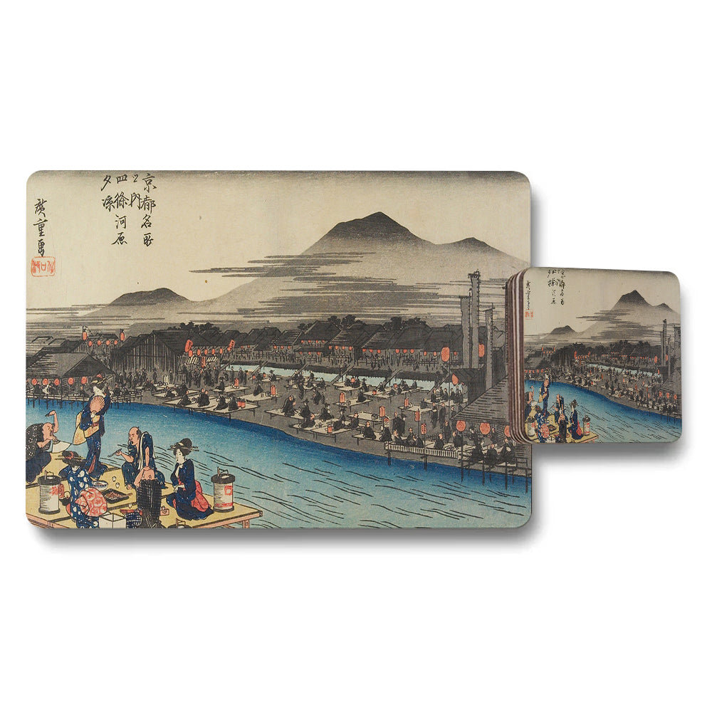 Traditional Ukiyoe Style Japanese River Scene Placemats And Coaster Set