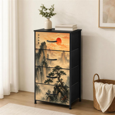 4-Drawer Dresser for Bedroom Misty Mountain Peaks Red Sun Pine Trees Traditional East Asian Ink Small Tall Clothes Dresser for Closet Organizers with