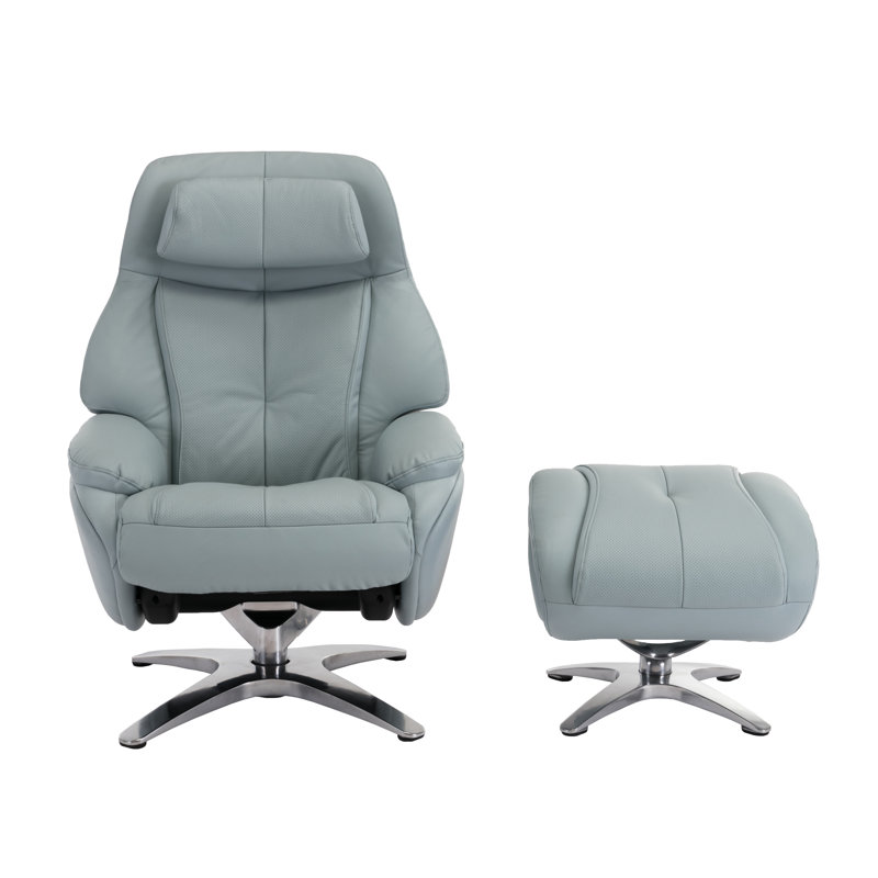 Yusef Upholstered Swivel Recliner, Baby Blue Leather Match