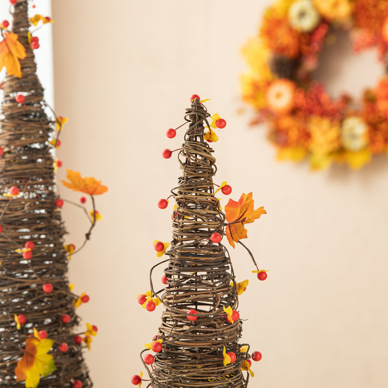 24"H Fall Rattan Berries and Maple Leaves Table Tree