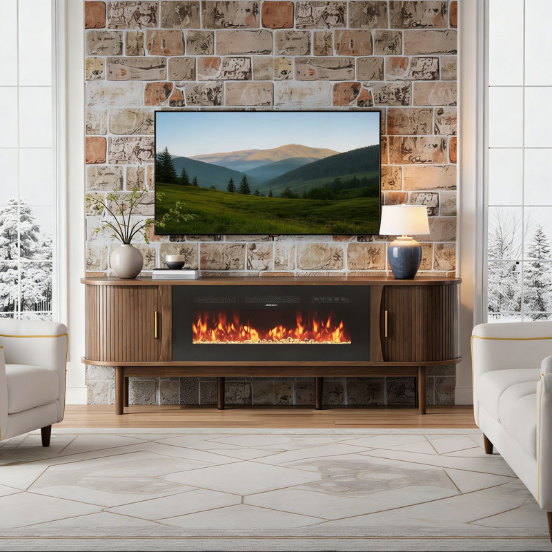 70" Fluted Fireplace TV Stand For Up To 80" Tvs, Modern Media Console With Adjustable Flame Colors/Temp, Remote & Touch Control, Storage Entertainment Center For Living Room (Walnut)