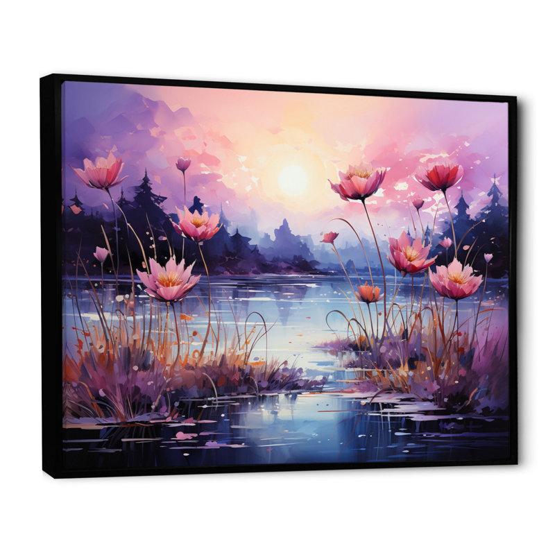 «Pink Purple Riverside Serenity I», reproduction sur toile, H 30 po x l 40 po, Cadre flottant noir