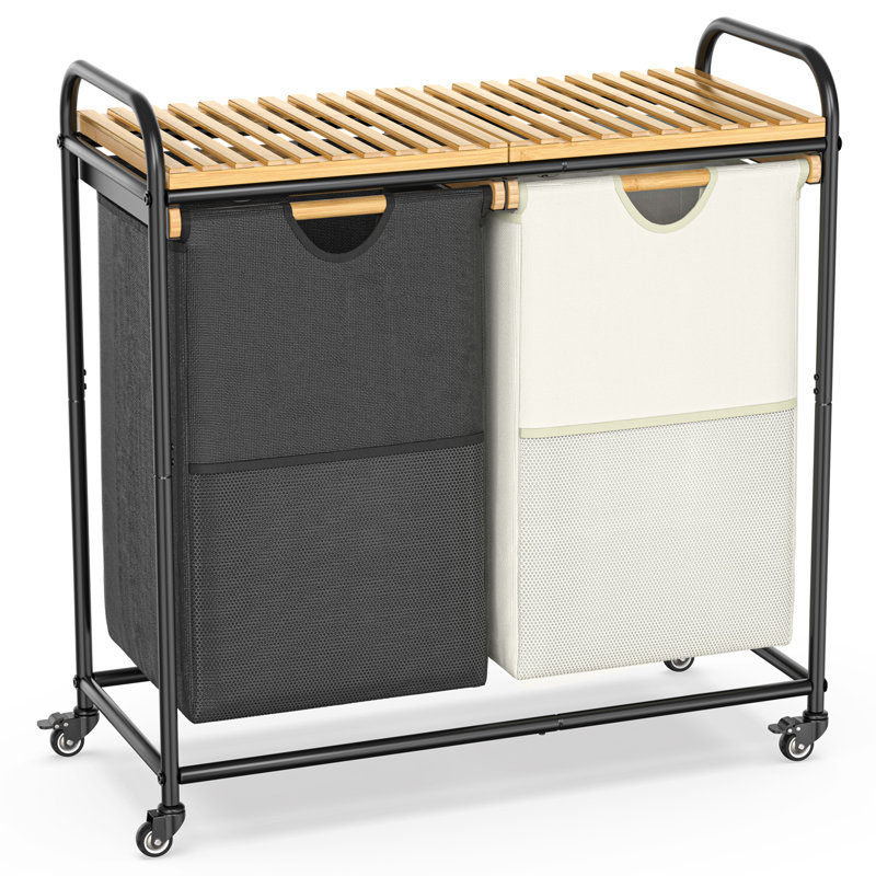 Panier à linge 2 sections avec roulettes et sac coulissant, trieur de linge en bambou pour salle de bain