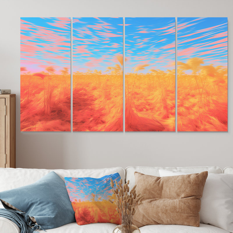 Coucher de soleil sur les champs de foin - prairies, 4 pièces, H 28 po x l 48 po