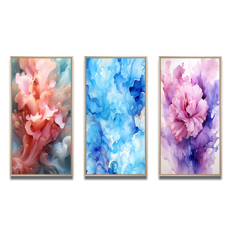 Ensemble de 3 pièces d'art abstrait bleu et rose clair, Cadre naturel flottant, H 28 po x l 36 po