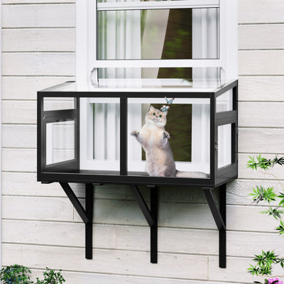 Boîte à fenêtre en bois pour chat, clôture pour chat avec panneaux en acrylique transparent, perchoir universel pour chats d'extérieur pour les bains de soleil, les siestes, les belvédères et les oiseaux, convient aux fenêtres