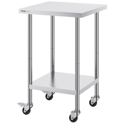 Table de travail en acier inoxydable de 24 po x 24 po x 38 po avec 4 roulettes pivotantes verrouillables, 3 tablettes réglables en hauteur, une table de travail robuste en acier inoxydable SUS201, une station de travail roulante certifiée NSF pour le restaurant, le bar, l'hôtel, la restauration et la salle de pause , Argent
