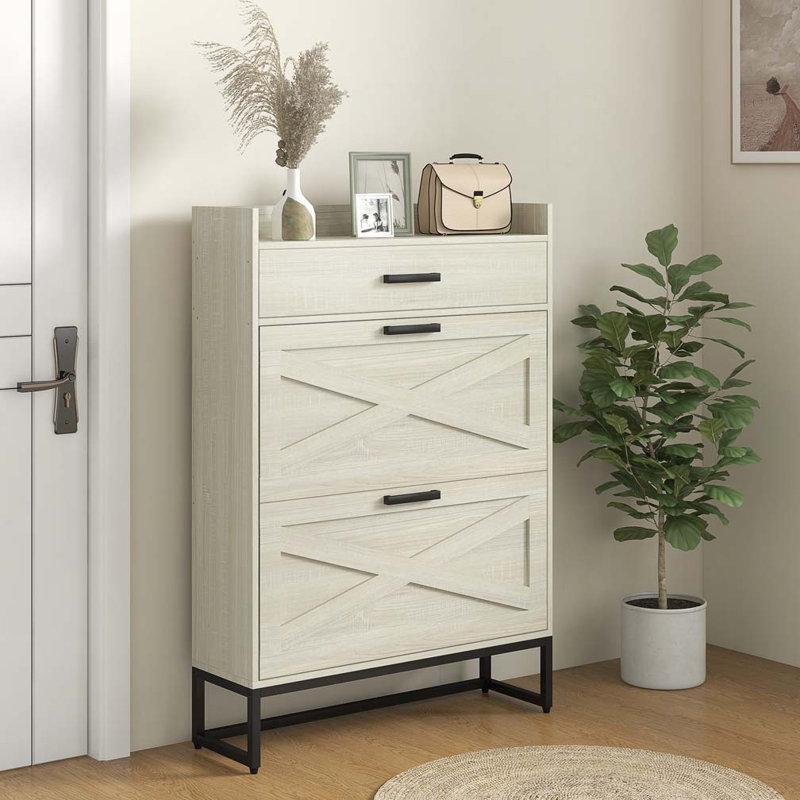 Narrow Shoe Cabinet, Industrial Shoe Storage Cabinet with 2 Flip Drawers, White