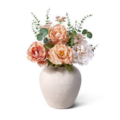 Artificial Peony Flowers In Pot, 24In Faux Peony Arrangement With Ivory Pot - Fake Flowers With Vase Look For Table Centerpiece, Home Decor, Wedding, Office, Living Room