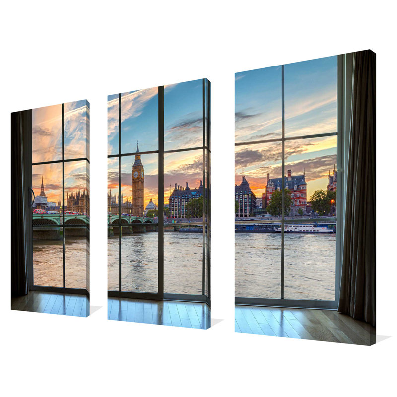 «Westminster and Big Ben in London, England Window», ensemble de 3 reproductions de photos sur toiles tendues