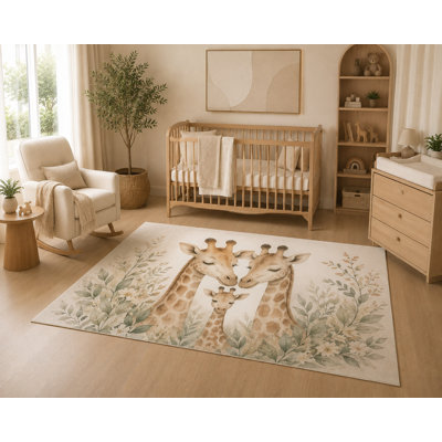 "Ultra Thin" 5' x 7'Watercolor Giraffe Family Area Rug, Soft Low Pile Indoor Rug with Non-Slip Silicone Backing, Safari Nursery Animal Carpet for Baby Room, Kids Room, Playroom, Beige Green