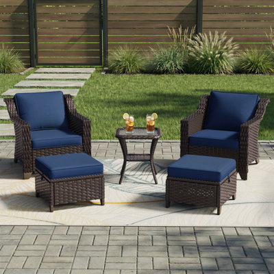 5-Piece PE Wicker Patio Furniture Set with 2 Chairs, 2 Ottomans & Side Table, Cushion