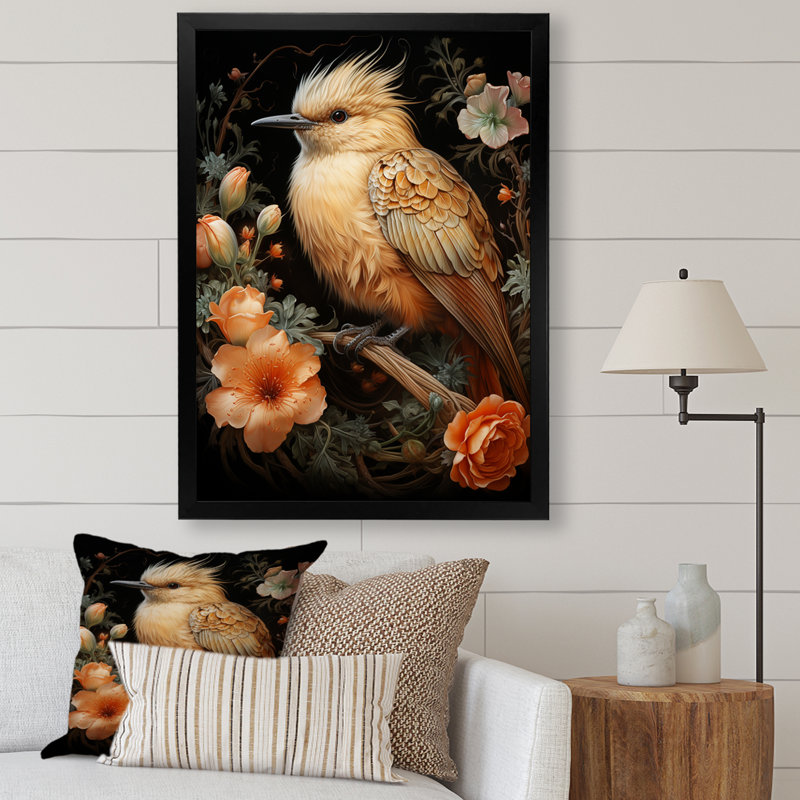 Fleurs printanières d'oiseaux - Art mural oiseau, Cadre simple noir, H 32 po x l 16 po x P 1 po
