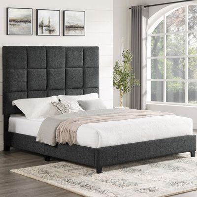 Lit plateforme tapissier grand pour chambre à coucher avec tissu et pieds massifs modernes pour la chambre à coucher, taille en gris