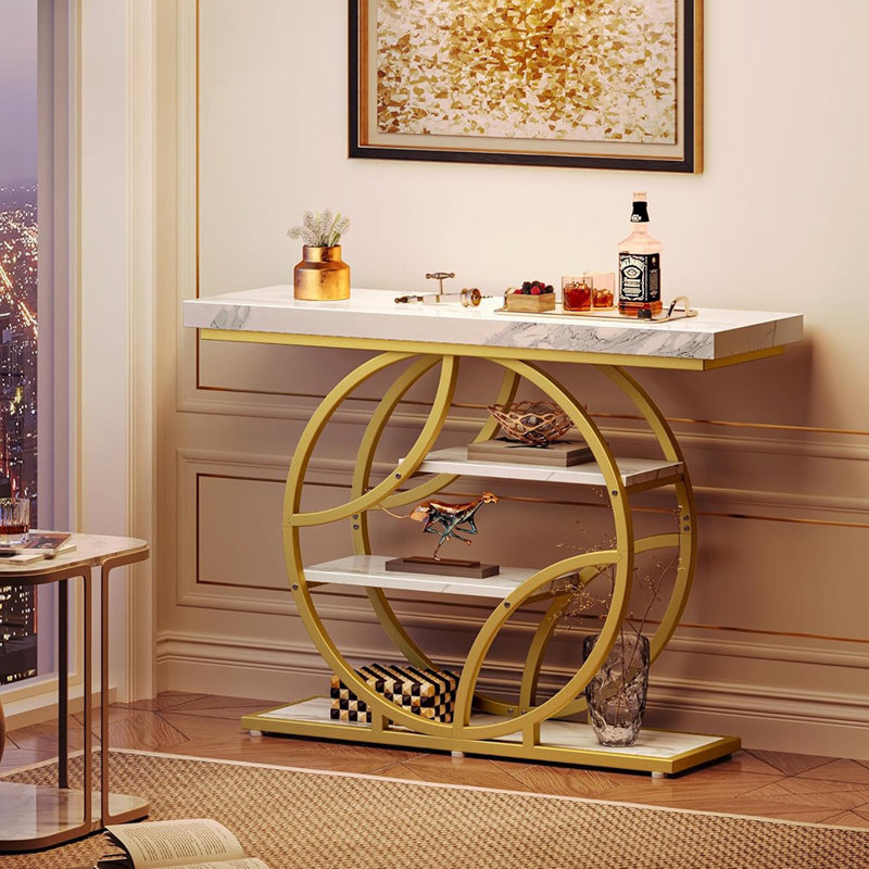Entryway Console Table With Marble Top – White Marble/Gold