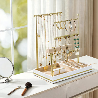Support à bijoux avec cadre en métal et plateau à bagues en velours, 5 niveaux, or